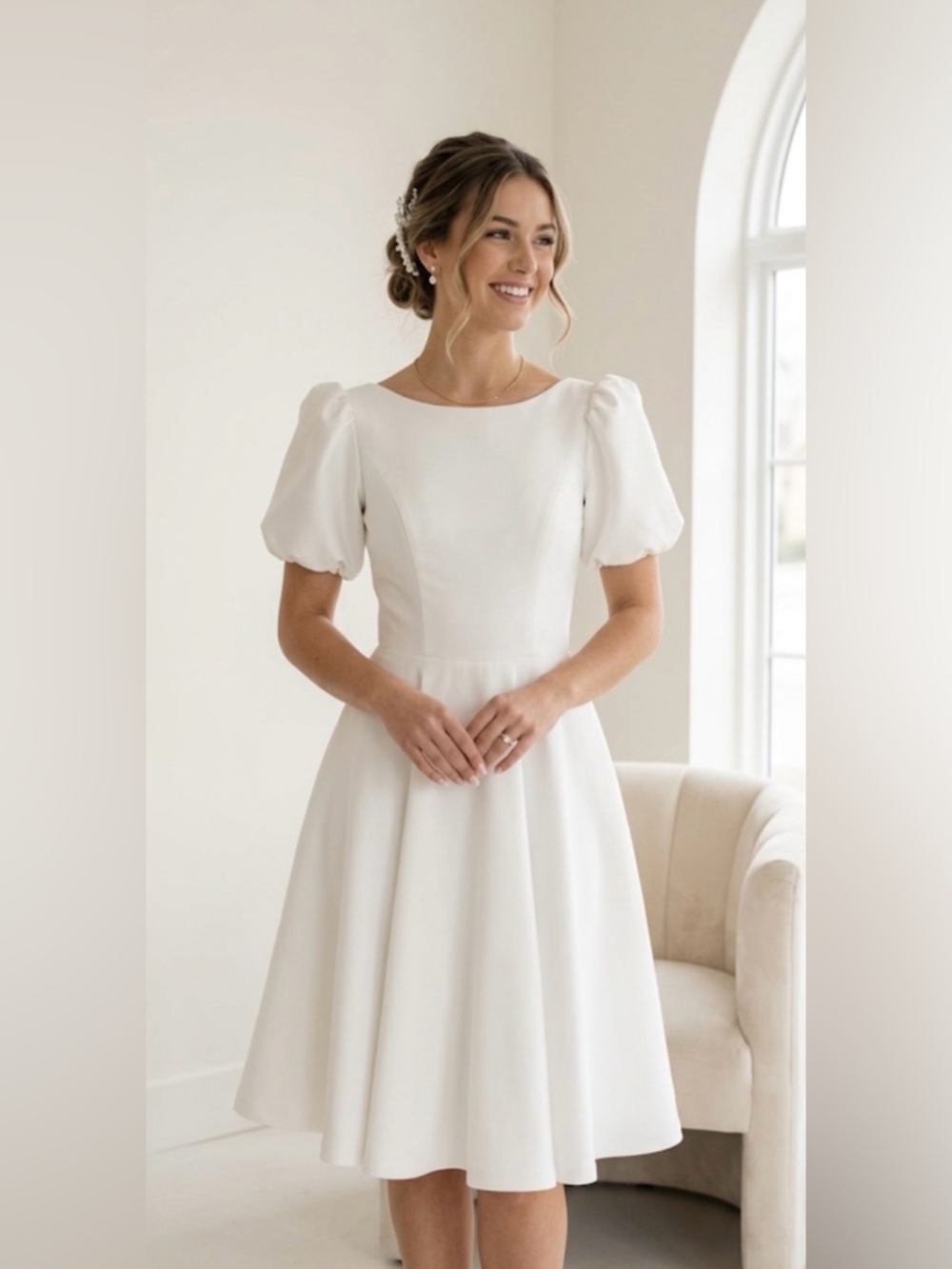 Custom Designed White Puff Sleeve Midi Wedding Dress with Open Back.